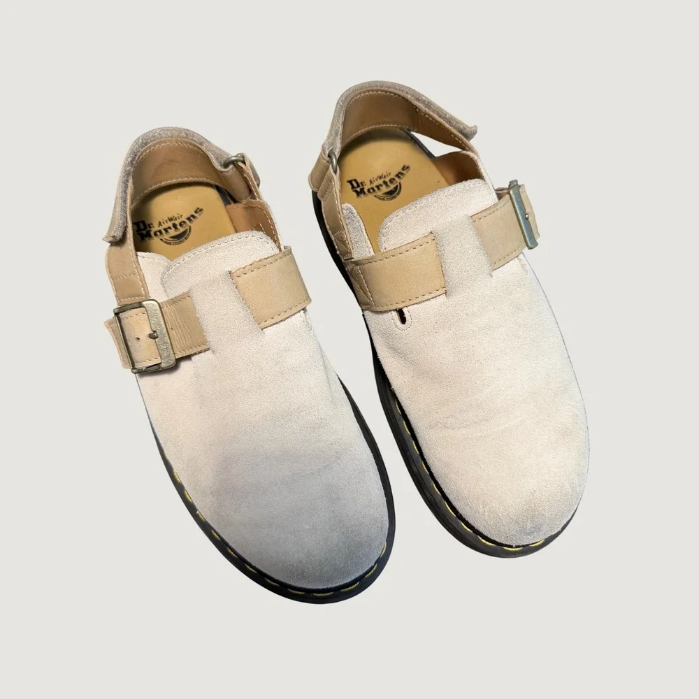 Dr. Martens Jorge II Mens 9 Parchment Beige Suede Slingback Buckle Mules Clogs